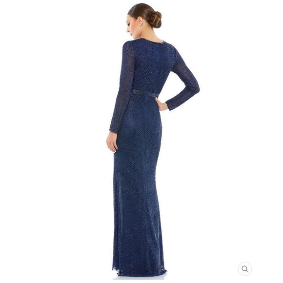 Mac Duggal 5056 Womens Blue BEADED HIGH NECK LONG SLEEVE GOWN WITH DETAILED BELT - Picture 4 of 15